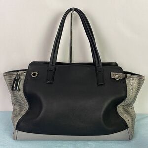 SALVATORE FERRAGAMO LARGE BLACK LEATHER AND GREY SNAKE BAG